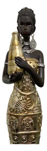 Escultura Mujer Africana Esbelta 33cm Elemento Etnico Deco Dorado