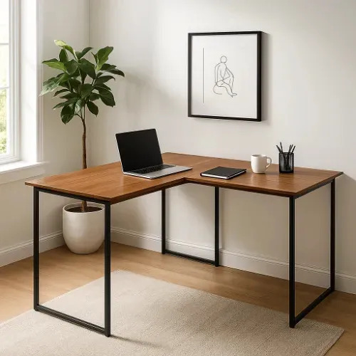 Mesa Em L Industrial 120x150 Escritório Home Office Pés Ferro Max Freijó/preto
