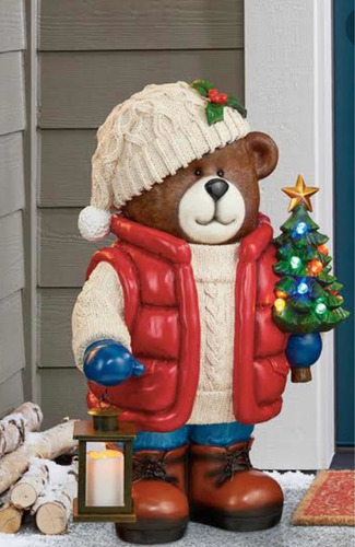 Oso Con Árbol De Navidad Y Luces Led 65cm Estatua Navideña