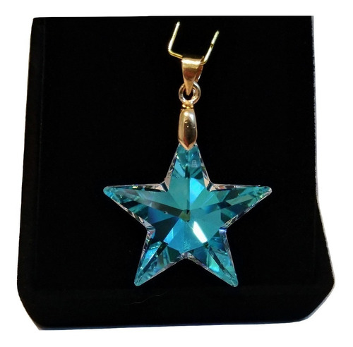 Pingente Estrela Cristal Swarovski Blue Ab Folh. A Ouro 18k