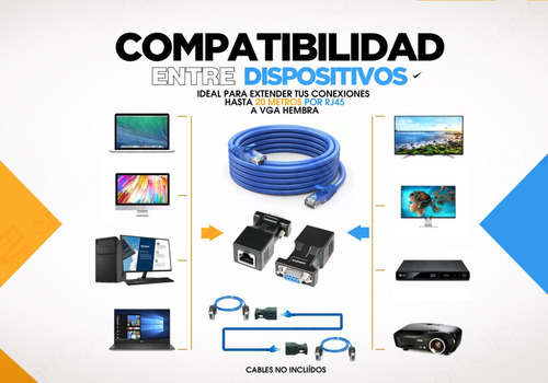 Extensor Vga Por Utp Rj45 Lan Cable Alargue Hasta 20m 1080p