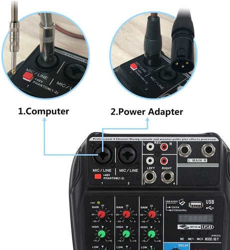 Audio Mixer 4 Channels Sound Mixing Console with Bluetooth USB Record 48V Phantom Power Monitor Delay Repeat Effect Use for Home Musical Production,Streaming,Computer Recording,Bands 