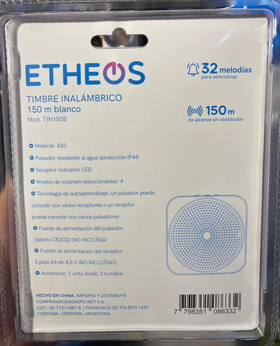 Timbre Inalámbrico A Pilas 150mts Resiste Al Agua Etheos