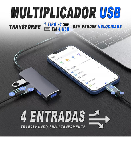 Hub Usb Tipo C 3.0 Regua Cabo Extensor iPad Dock Macbook Hd