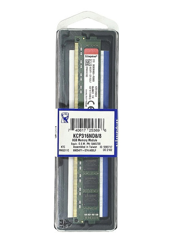 Memoria Ram Color Verde 8gb 1 Kingston Kcp316nd8/8 Ddr3 Dimm