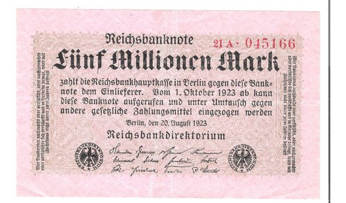 Ale125 Alemania 5 Millones Mark 1923 Rep Weimar Vf Aff*