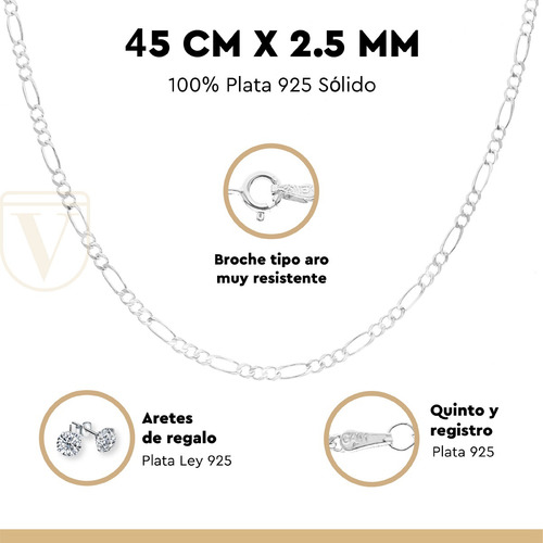 Cadena Figaro 3x1 Plata Ley 925 Collar Fina | 45cm - 2.5mm Color Plateado