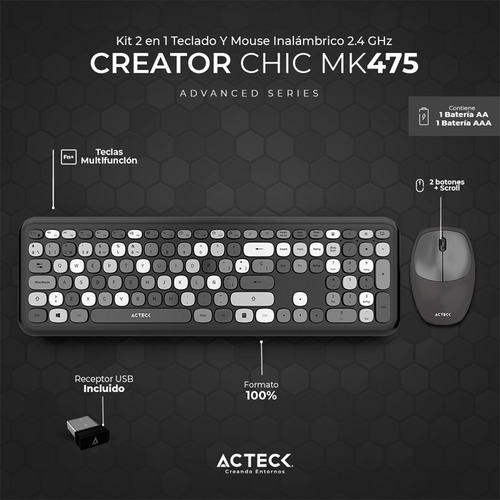 Kit Teclado Y Mouse Acteck Mk475 Inalambrico Delgado Gris