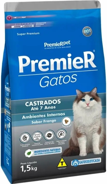 Ração Premier Super Premium Para Gato Castrado Sabor Frango de 1.5 kg