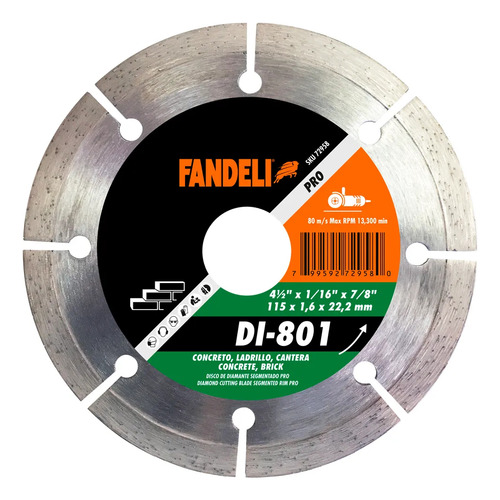 Disco Diamante Segmentado 1 Pz Fandeli 4-1/2 PLG DI-801