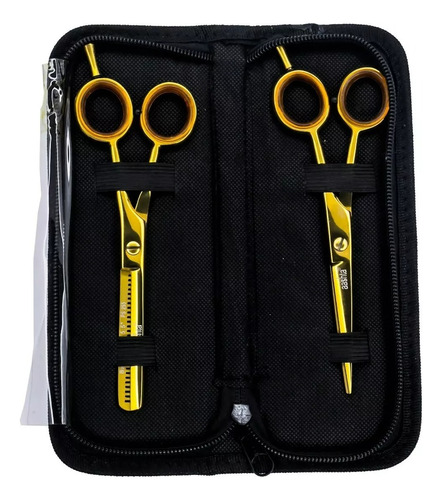 Paq Tijeras De Corte Y Degrafilado Basic Barberías Estilista Color Dorado