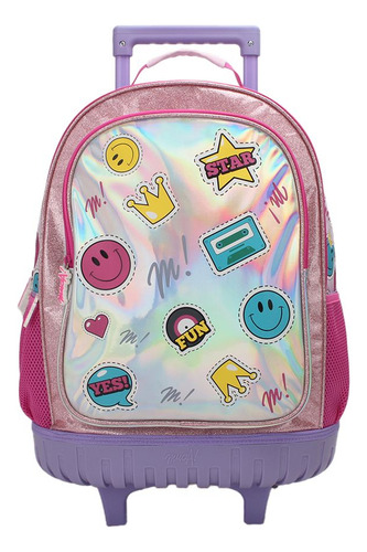 Mochila Carro Muaa Emojis 18 PuLG Escolar Niña Infantil Color Rosa Diseño De La Tela Estampada