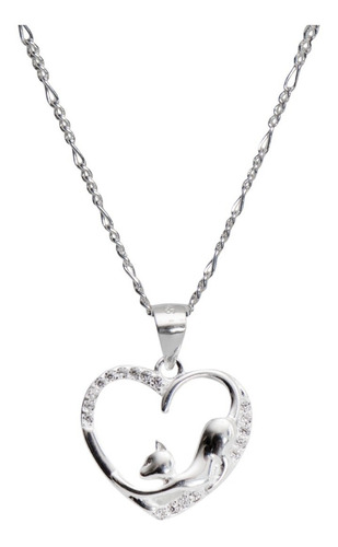 Dije Gato Corazon Cadena Plata Fina Ley 925,regalo,amor,gato