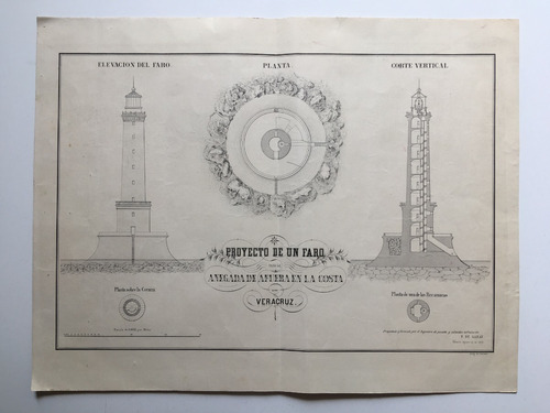 Plano Proyecto De Faro En Veracruz - Litografía Antigua 1852
