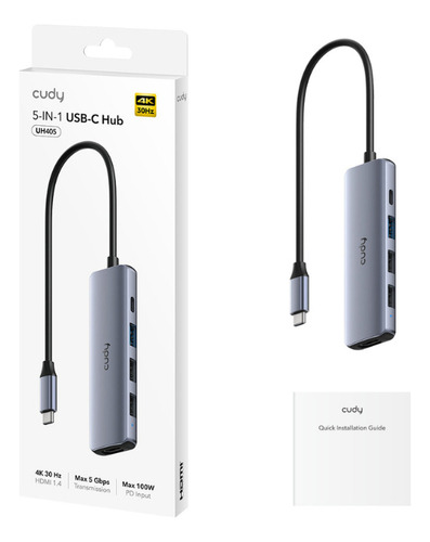 Hub Usb-c Cudy Uh405 5 Em 1 Usb Hdmi 4k Pd 100w Usb-a 5gbps