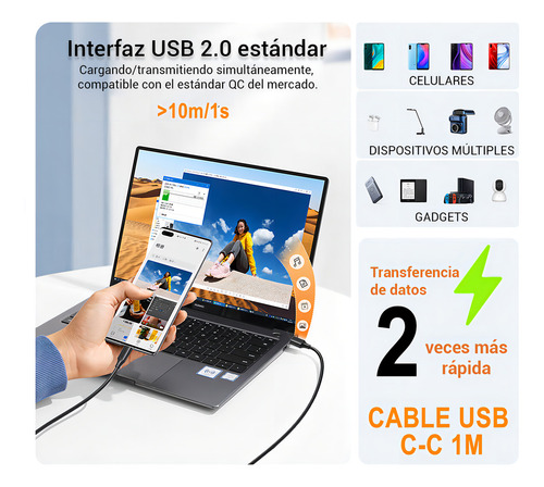 Cable Tipo C Carga Rápida (3pcs) Cable Datos Tipo C A C 1m
