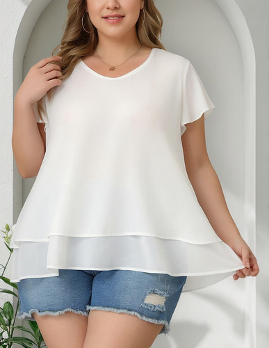 Blusa Gasa Talla Grande Top Casual Con Dobladillo Doble Capa