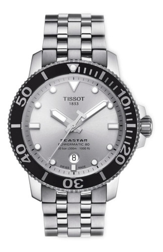 Reloj Pulsera Tissot T-sport Seastar 1000 Powermatic 80 De Cuerpo Color Plateado, Analógico, Para Hombre, Fondo Plata, Con Correa De Acero Inoxidable Color Gris, Agujas Color Blanco Y Plateado, Dial B