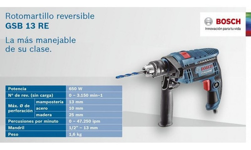 Imagen 3 de 6 de Taladro Percutor Bosch 650w 13mm Rev Gsb13re C/maletin Ynter