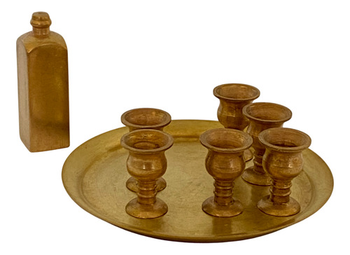 Antiguo Conjunto Miniatura De Bandeja Botella Y Copas Bronce
