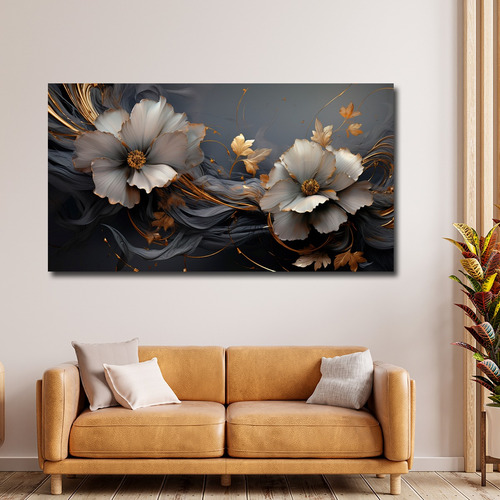 Cuadro Flor Gris Con Dorado Elegante Canvas Sala 130x90