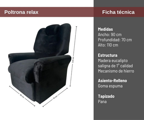 Sillon Individual Reclinable Pana Suave Semi Cama Confort Negro Pana