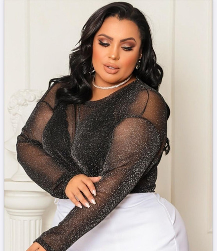 Blusa Plus Size Brilhosa Transparente Em Lurex Premium