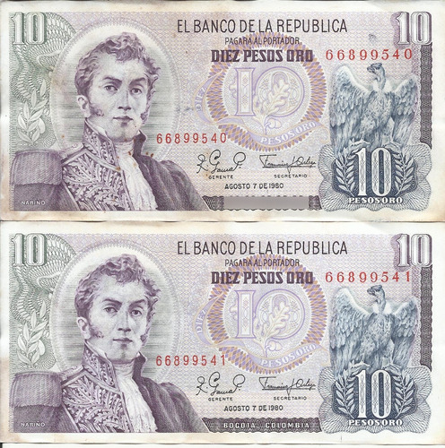 Colombia Dúo Números Consecutivos,10 Pesos 7 Agosto 1980 