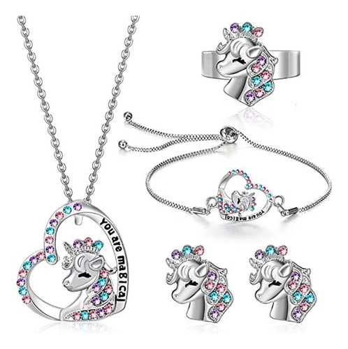 Sjx Set Unicornio Collar Dije Pulsera Aretes Y Anillo