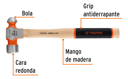 Martillo Pulido De Bola 32 Oz Mango Hickory, Truper Grip