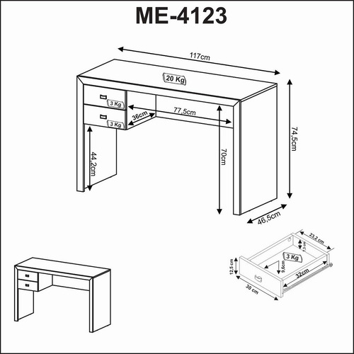 Mesa Para Escritório 117cm Com 2 Gavetas Me4123 Tecnomobili