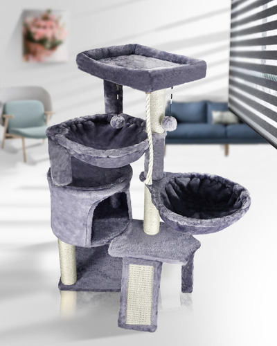 Árbol Para Gatos De 3 Niveles Con Condominio Y 2 Hamacas Gri