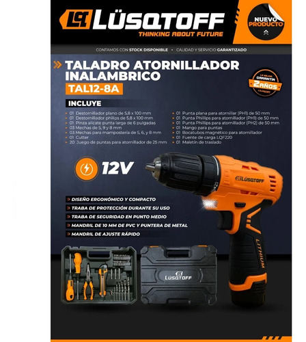 Imagen 6 de 11 de Taladro Atornillador Bateria 12v Lusqtoff + Kit Heramientas