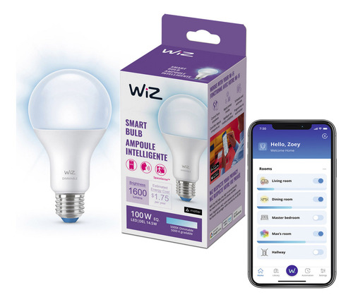 Foco Inteligente WiZ luz fría dimeable perfecto para iluminar espacios de manera uniforme y eficiente controlable por Wi-Fi y altavoz inteligente