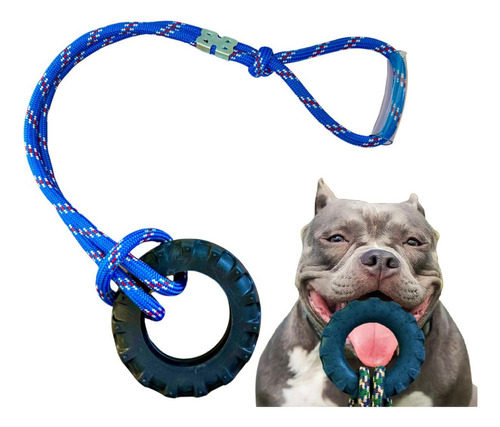 Puxador Cabo De Guerra Com Pneu Forte Para Cachorro Grande Cor Azul - Pneu 15 cm