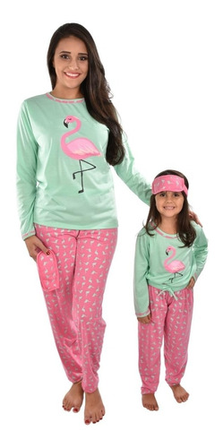 Imagem 1 de 6 de Pijamas Mãe E Filha + Tapa Olho Flamingo De Frio Inverno