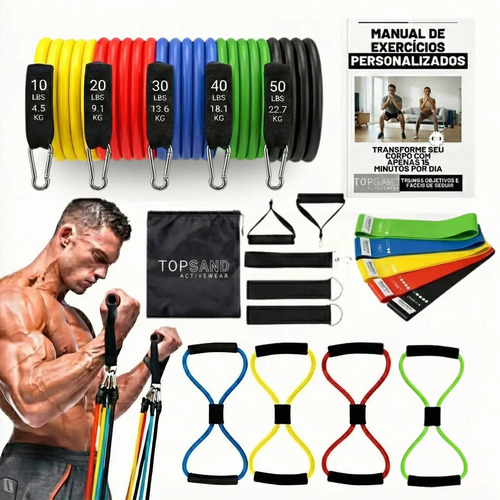 Kit 18 Itens Esportivos Para Treino Em Casa Academia Fitness Funcional Com Elásticos Extensor Puxadores Faixas Elásticas Mini Band P/ Exercícios Ginástica Fisioterapia - Topsand Activewear