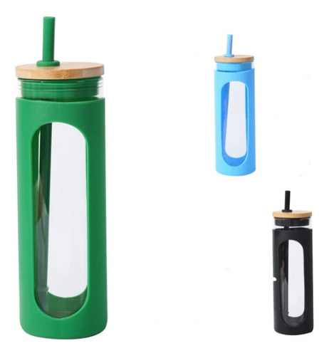 Botella De Agua De Vidrio Protector Silicón Tapa De Bambú