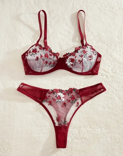 Conjunto De Panty + Brasier Bordado Floral - Oferta 20v