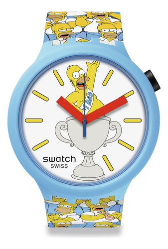 Reloj Swatch Best. Dad. Ever. Sb05z100 Correa Azul Bisel Blanco Fondo Blanco