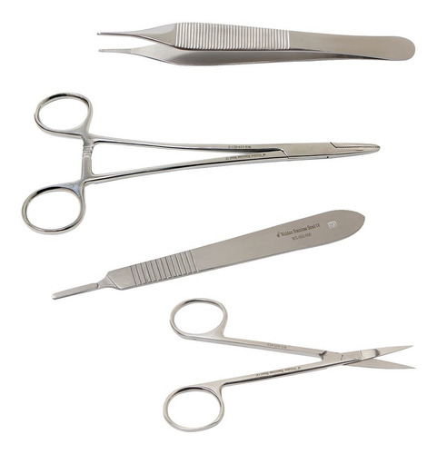 Kit C Pinça Adson, Tesoura Iris, Porta Agulha, Cabo Bisturi