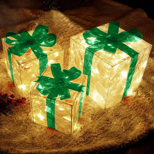 Caja De Regalo De 3 Piezas Con Luces Led, Decoración Navideñ