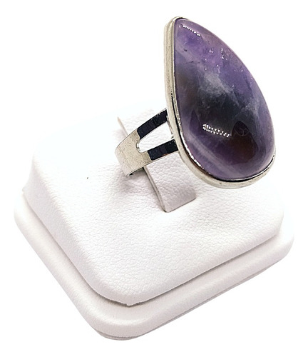 Anillo Lágrima Amatista Baño Plata Ajustable/ Obsidian