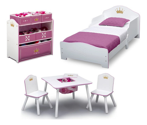 Cama Infantil Para Niña Juguetero Y Mesa Con Sillas Princesa