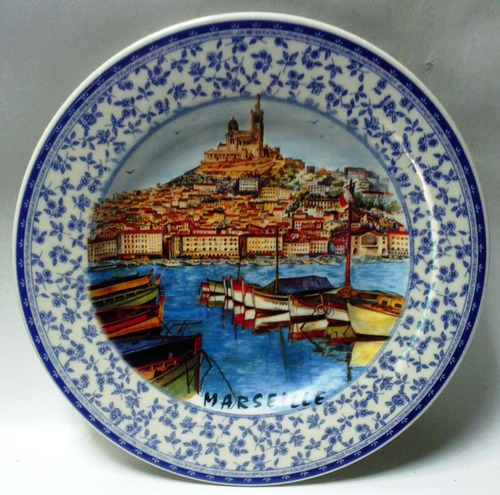 Plato De Pared Souvenir Marseille Borde Ancho Flores Azules