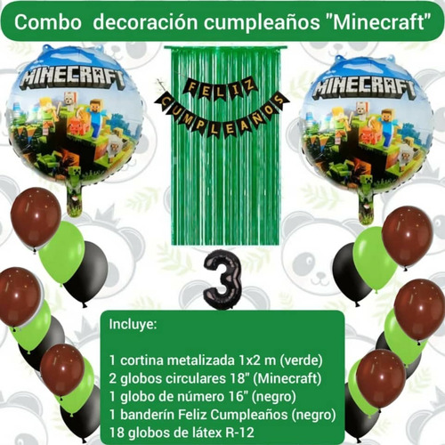 Combo Decoración Cumpleaños Minecraft Cortina Banderin Globo