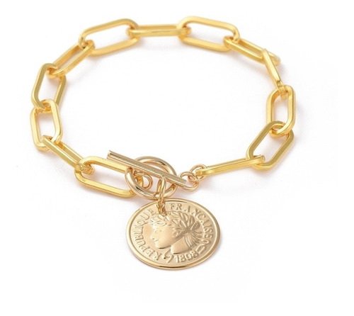 Pulsera Acero Inoxidable Cadena Clip Con Moneda Griega 