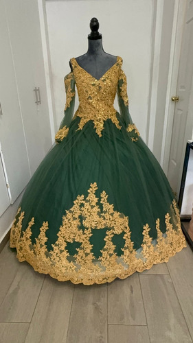 Vestido De Xv Años Verde Con Dorado V1