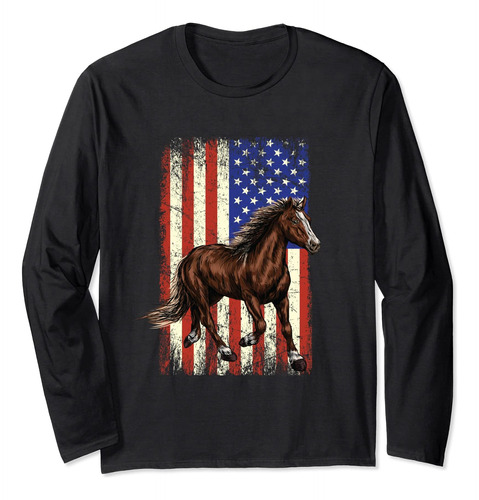 Camiseta De Manga Larga Con Caballo Frente A La Bandera Esta