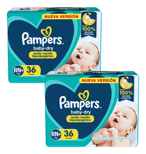 2 Packs Pampers Baby Dry Rn+ X 36 Unid